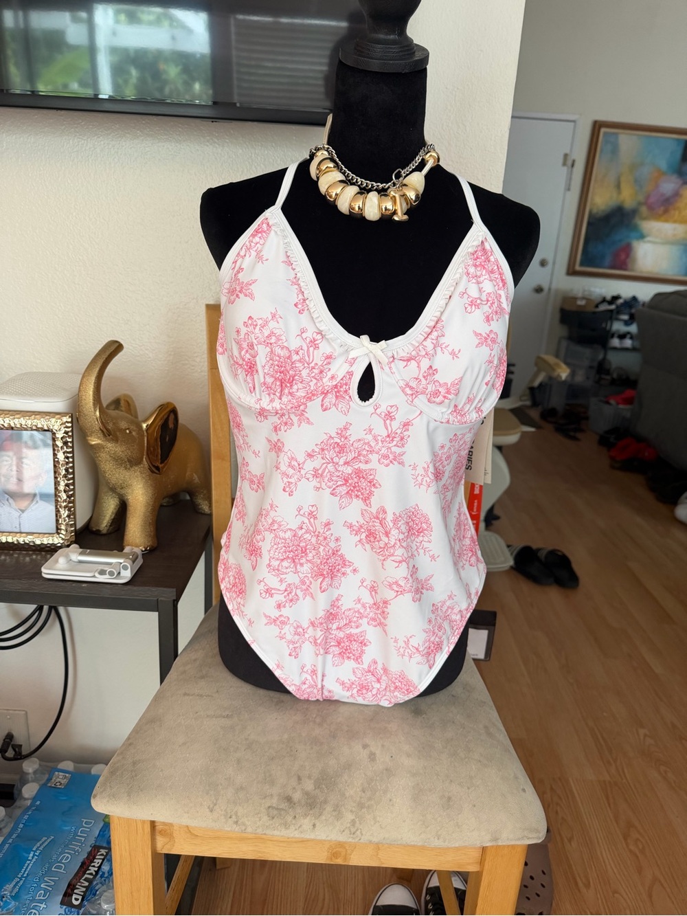 No Boundaries White and Pink Floral One-Piece Swimsuit